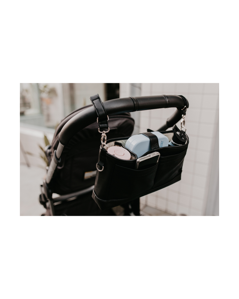 Faux Leather Stroller Organiser/Pram Caddy | Black-OiOi-Tiny Trader