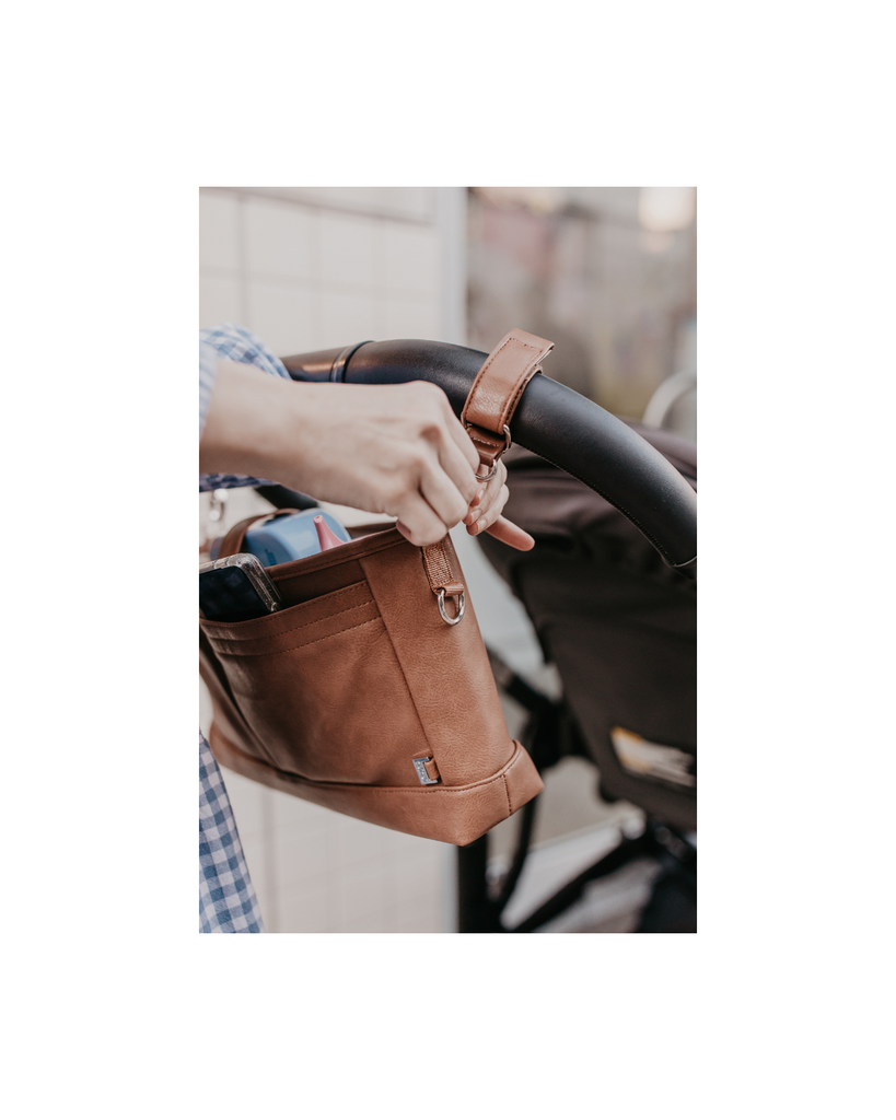Faux Leather Stroller Organiser/Pram Caddy | Tan-OiOi-Tiny Trader