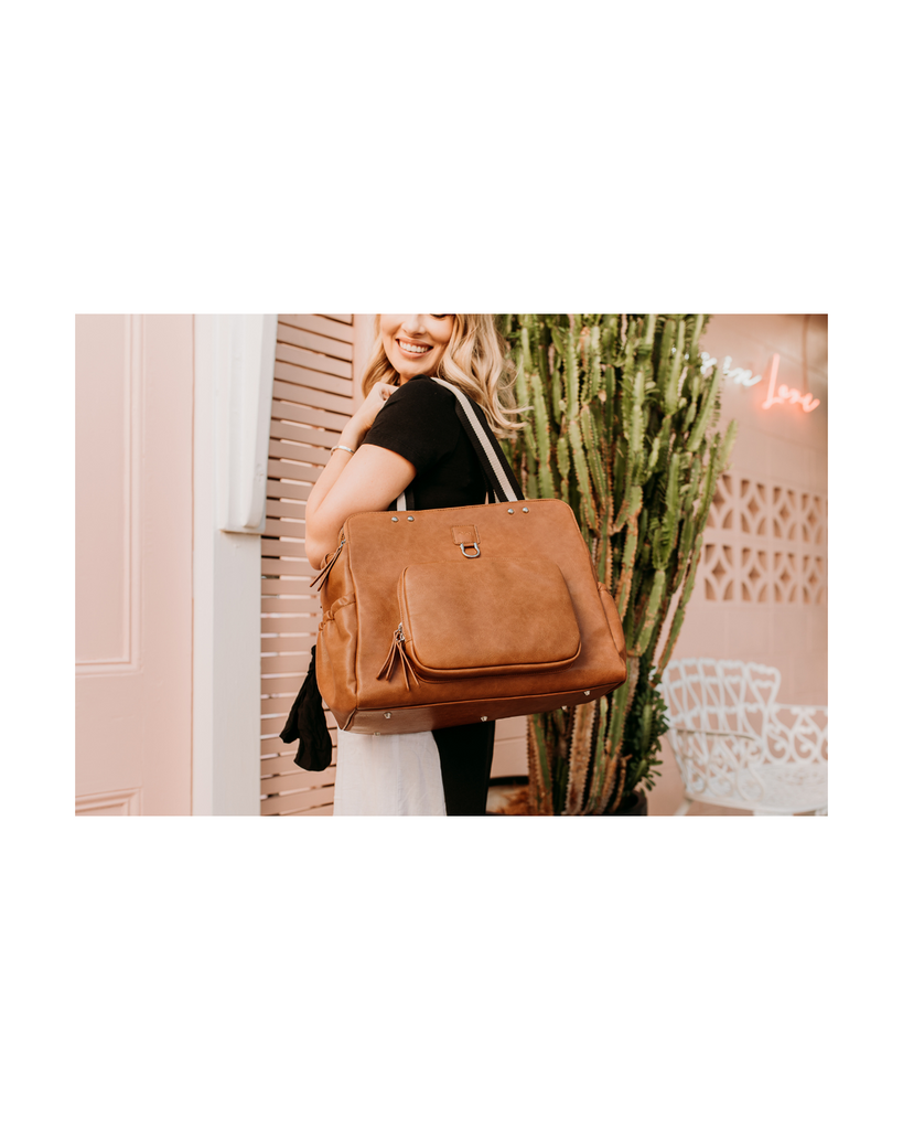 Faux Leather Tote Triple Compartment Nappy Bag | Tan-OiOi-Tiny Trader